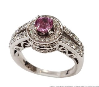 Signed LeVian Pink Sapphire 14k White Gold Diamond Halo Split Shank Ring w Box