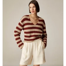 J.Crew Montauk Pullover Sweater V Neck Striped Beechwood Bordeaux Large NWT