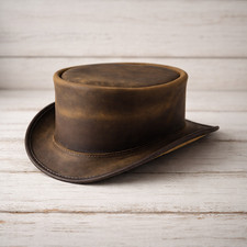 Handmade Distressed Brown Leather Top Hat  Steampunk Victorian Gothic Style