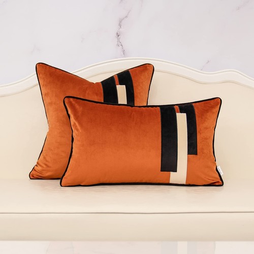 Burnt Orange Decorative Velvet Throw Pillow Cover Striped Patchwork Cushion C... - 第 5/7 張圖片