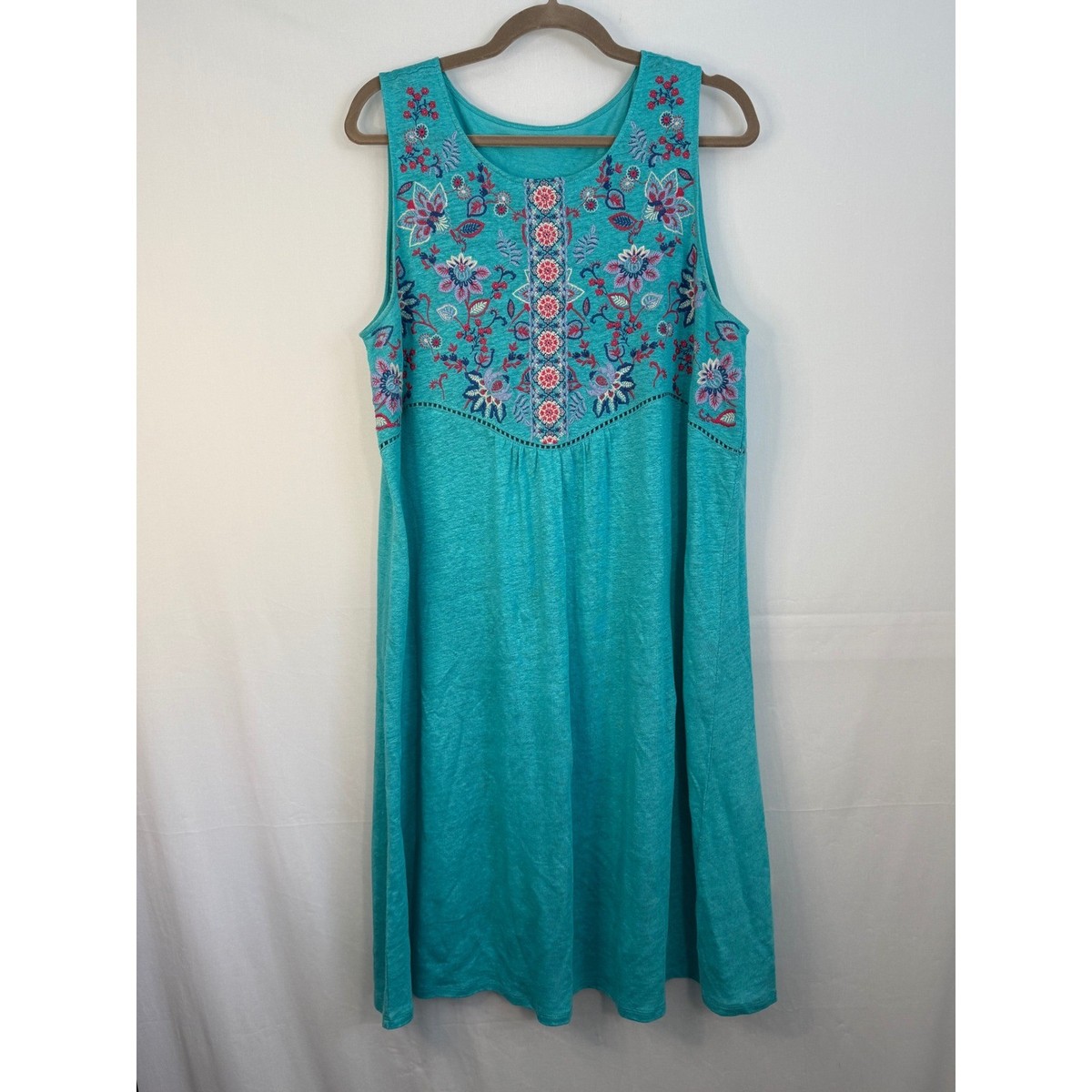 Sundance Linen Embroidered Midi Dress Womens L Teal Blue Boho Sleeveless  Floral | eBay