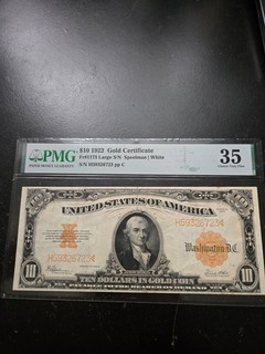 Fr. 1173 1922 $10 Gold Certificate PMG 35 EPQ. Beautiful Note No Reserve