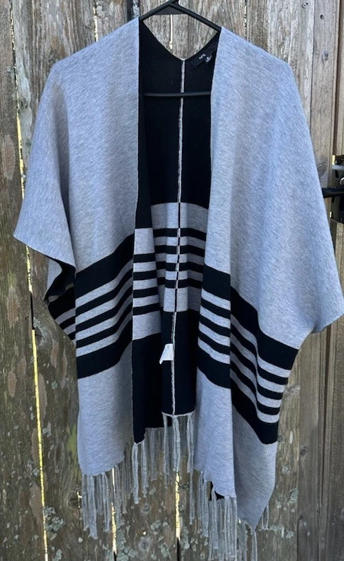 FATE Black Gray Striped Fringe Detail Wool Nylon Blend Bohemian Poncho Size S