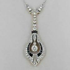 Ciondolo Art Decò 2Ct Vera Moissanite Taglio Tondo Placcato Oro Bianco 14K Catena 18