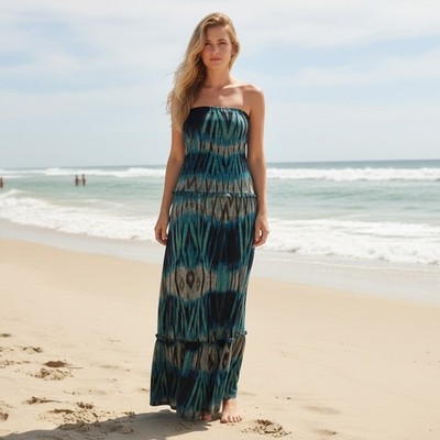 Bisou Bisou Michele Bohbot Strapless Maxi Dress XL Teal Blue Ikat Tribal Tiered
