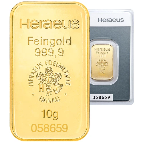 10 gram gold bar - 999.9 gold - in blister card - new product - Heraeus