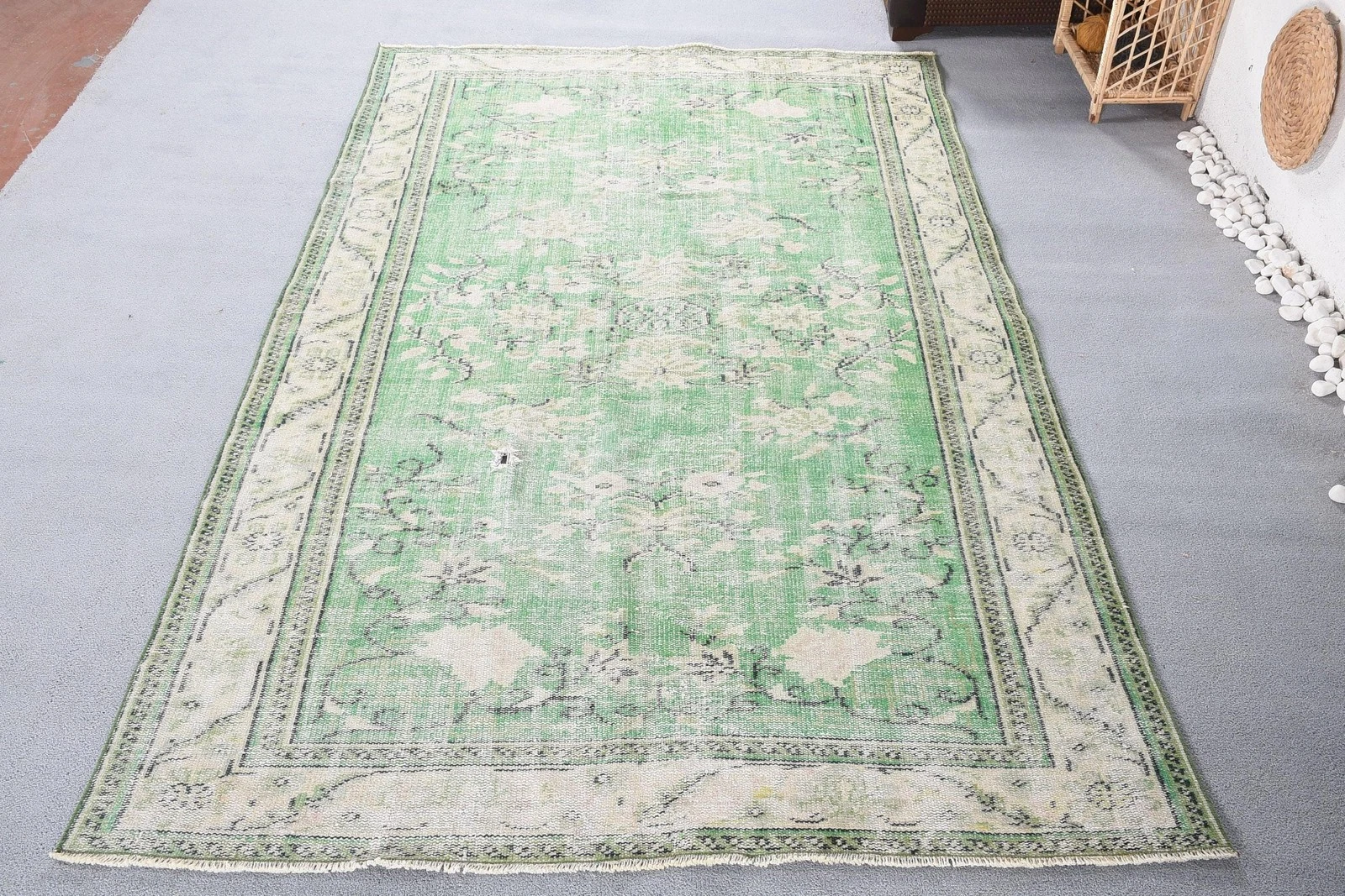 5,8x9,4 ft Large Vintage Rug, Turkish Rug, Green Beige Abstract Wool Rug
