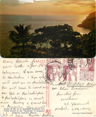 s17698 Quebrada Sonnenuntergang, Acapulco, Guerrero, Mexiko Postkarte 1974 Stempel