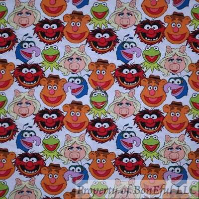 BonEful Fabric FQ Cotton Quilt White MUPPETS Disney Kermit Frog Miss Piggy Fozzi