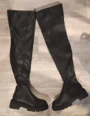 MISSGUIDED OVER KNEE BOOTS BLACK CHUNKY BOOT SIZE