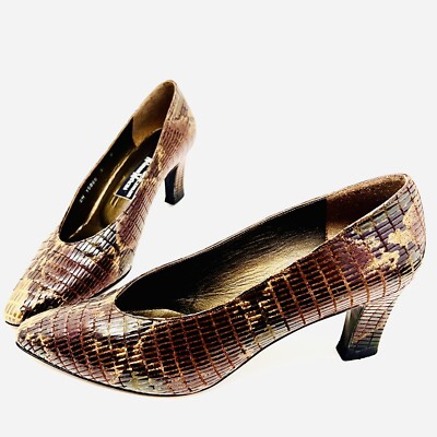 STUART WEITZMAN for Neiman Marcus Sz 8 Snakeskin Pumps Heels Stiletto Brown Gold