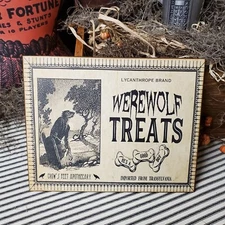 VINTAGE 1950 RETRO PRIMITIVE STYLE HALLOWEEN DOG GOOD BOY WEREWOLF TREATS SIGN