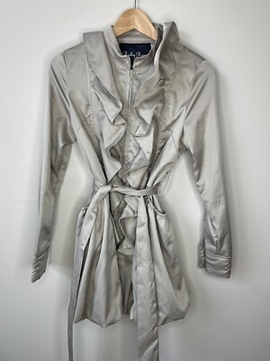 Ruby Rose Size Medium Jacket Trench Coat Ruffled Beige Belted Satin Women's