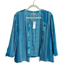 NWT Chico's Women Large Tantalizing Teal Pleated Streak Myra Open Front Blazer