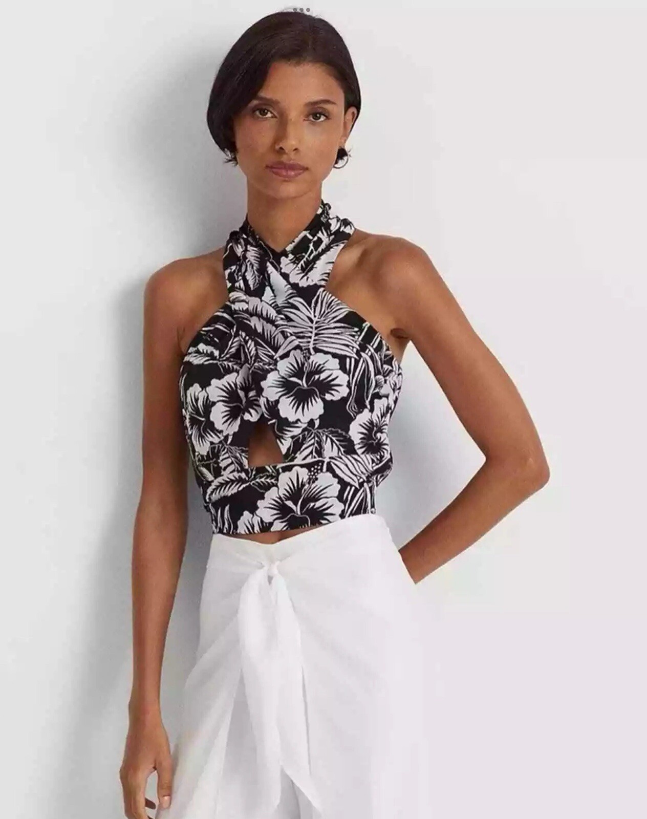 LAUREN RALPH LAUREN Women's Floral Crepe Cropped Halter Blouse Large NEW