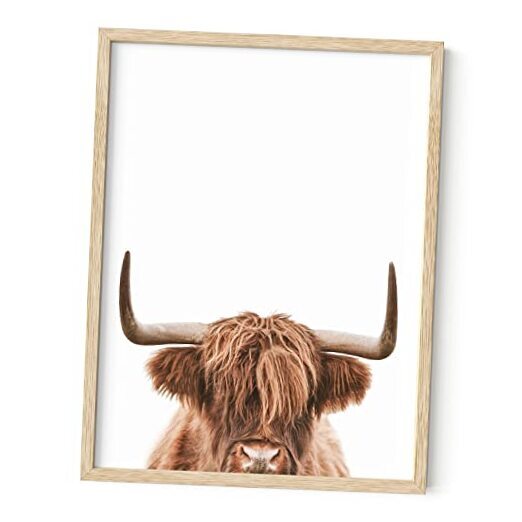 Highland Cow Wall Art Print 16x12 Inches Beige Framed Bull Decor-image