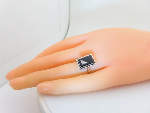 White Gold Ring Black Onyx Natural Diamond Rings Antique 10K Solid Size 6 R1036 - Picture 9 of 10