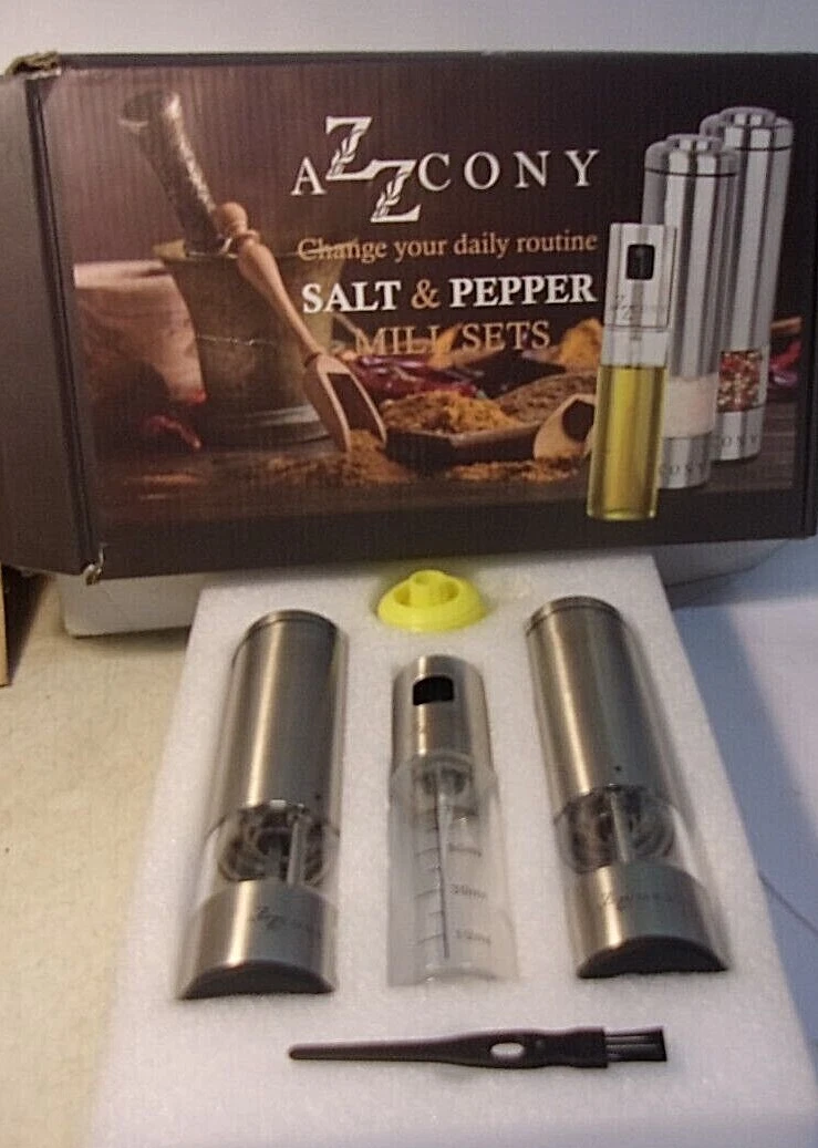 AZZCONY Stainless SALT and PEPPER MILL SET with OIL SPRITZER new in box