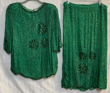 Vintage 80  s India Silk Sequin Bead Top  Skirt Set Large Kelly Green Orig. Tags