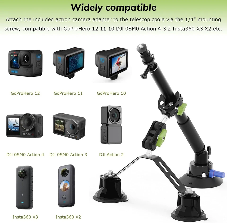 Triple Ventosa 360 Cámara Montaje Coche, con Poste de Extensión 2 en 1/Palo Selfie Foto 2 de 4