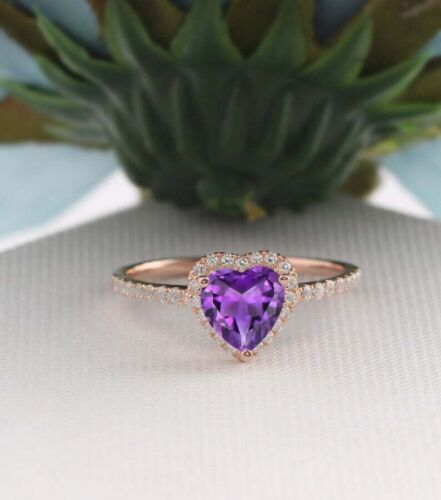 14k Rose Gold Plated 2.10 Ct Heart Simulated Amethyst Engagement Halo Gift Ring - Picture 1 of 9