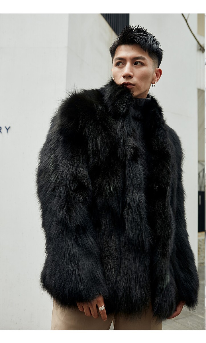 Men Real Natural Raccoon Fur Coat Fashion Stand Collar Winter Warm