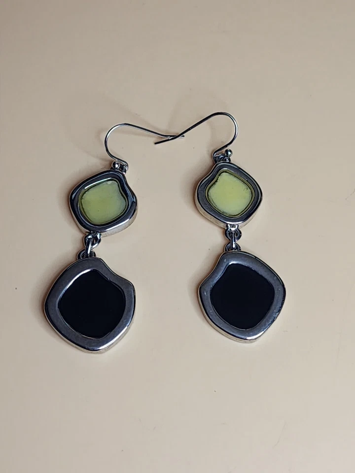 Vtg LIA SOPHIA Silver Tone Resin Enamel Black Earrings Dangle Drop FREE $HIP! - Image 2 of 4