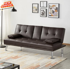 Modern Tufted Faux Leather Futon Sofa Bed Couch Loveseat Sleeper Adjust Espresso