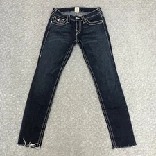 True Religion Jeans Womens 27 Dark Wash Skinny Flap Pockets Contrast Stitch USA