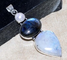 Ciondolo lungo arcobaleno pietra di luna labradorite infuocata argento 925 placcato 2,9" GW