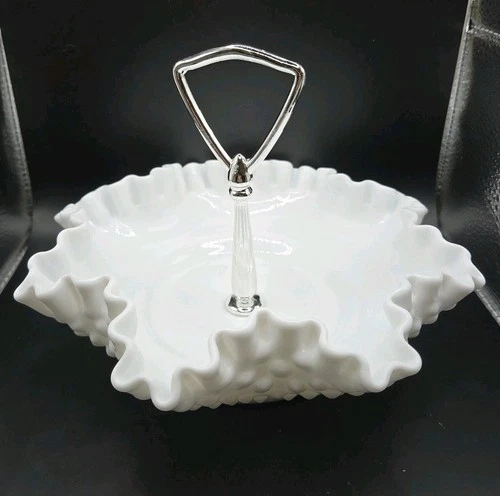 Vintage Fenton Milk Glass Hobnail Candy Fruit Basket 7.5" Ruffled Bowl w/ Chrome