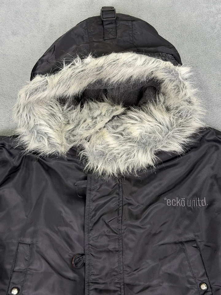 Chaqueta Parka Echo Unltd Para Hombres 3XL Negra Cremallera Completa Capucha Piel Sintética Abrigo Abombado Foto 3 de 4