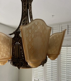 1920 1930s Art Deco 5 Light Slip Shade Moe Bridges Fixture See Notes 1 Missing