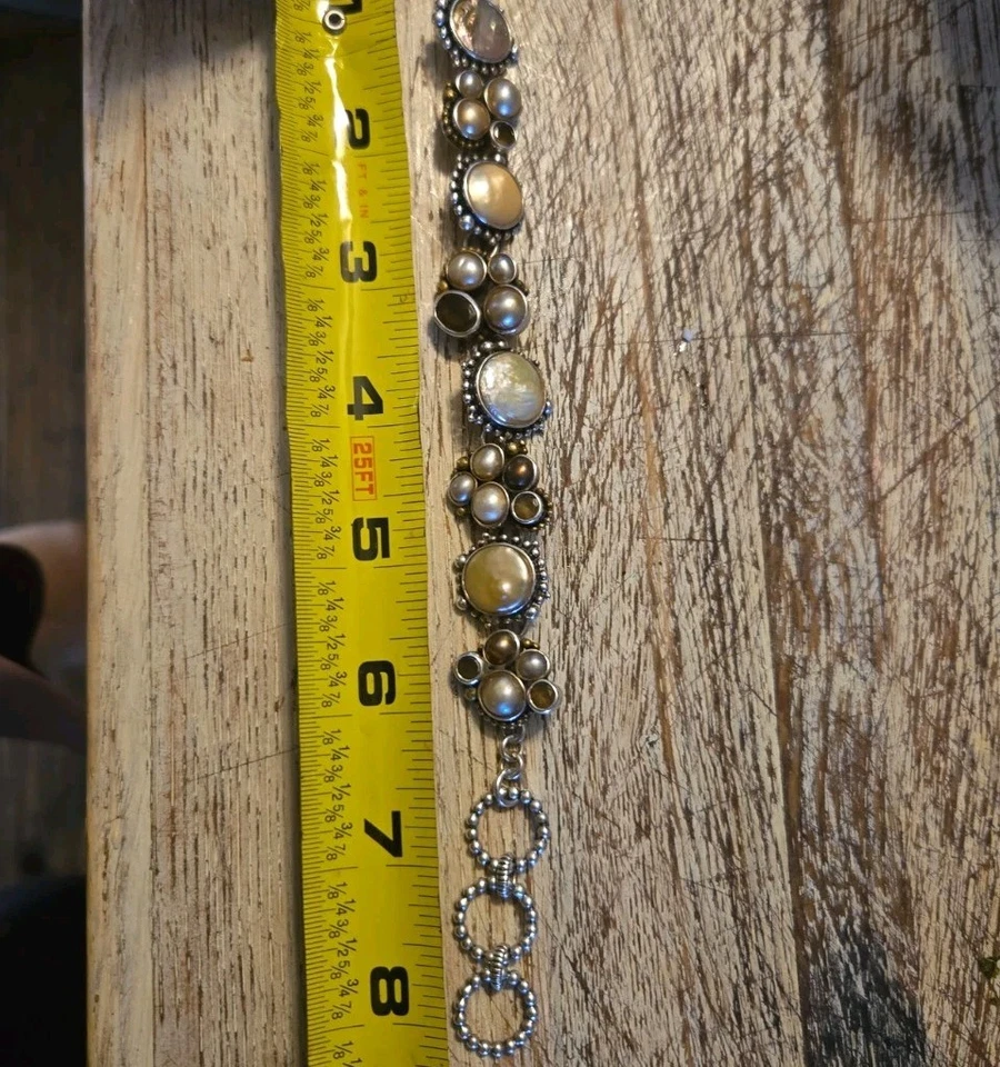 Sterling Silver & Bronze Mother of Pearl Bracelet 925 Iuan China 46g Smoky Quart - Image 3 of 4