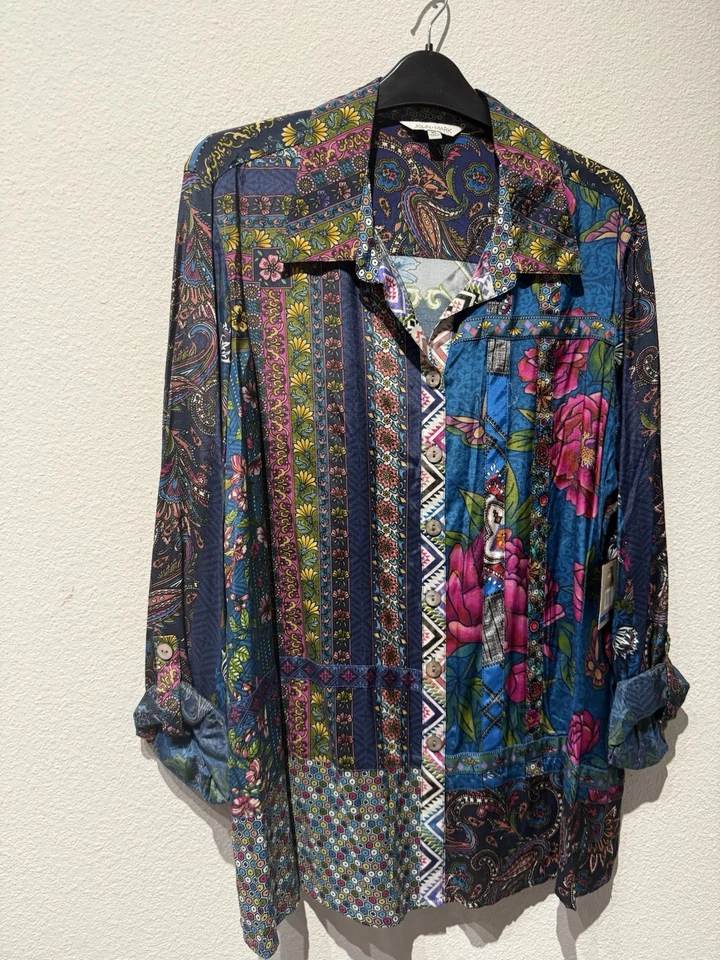 Nuevo Top de cachemira floral sedoso manga enrollable XL John Mark para mujer Foto 2 de 4