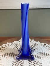 Vintage Cobalt Blue Art Glass Vase, Twisted Design, White Interior, MCM 1960-70s