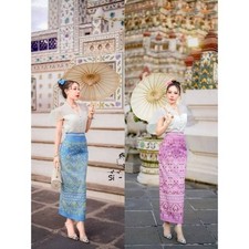 Thai Set Long Dress Modern Skirt Silk Blouse Sarong White Costume Belt Light