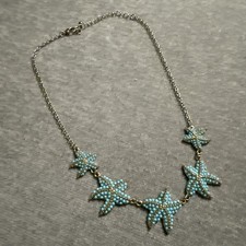 Sea Themed Charm Link Necklace Shells Starfish Enamel Gold Tone Faux Turquoise