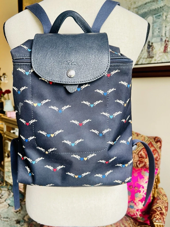 Longchamp Le Pliage Original Navy Logo Nylon Leather Backpack Made in France - Image 3 of 4