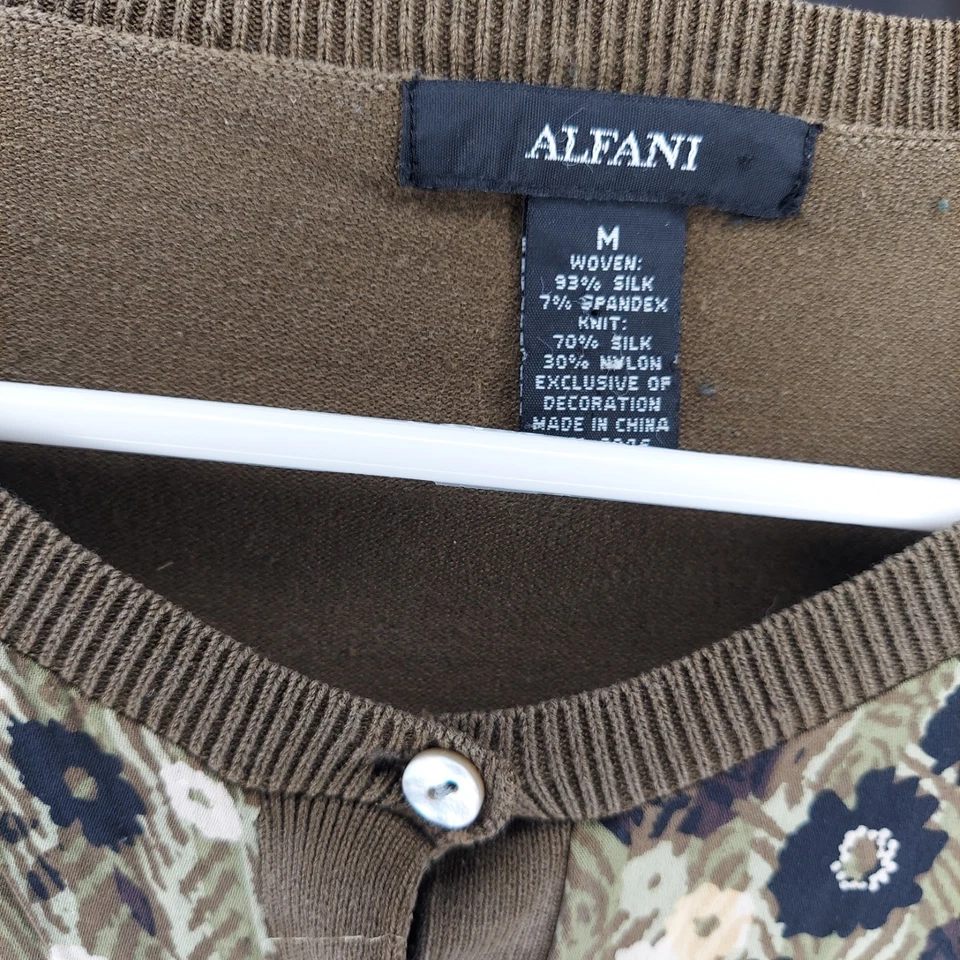 Cárdigan de seda Alfani para mujer mediano oliva floral tejido con botones elástico manga larga Foto 3 de 4