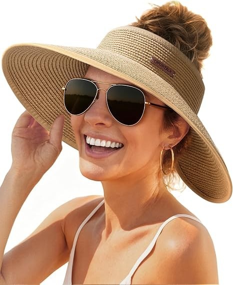 Sun Hats for Women Wide Brim Beach Hat Straw Visor Ponytail 