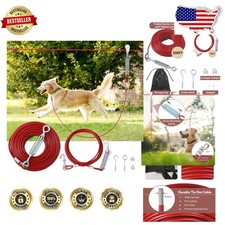 Heavy Duty Dog Runner 200FT - Large Dogs, Shock Spring, Swivel Clip, Red Cable