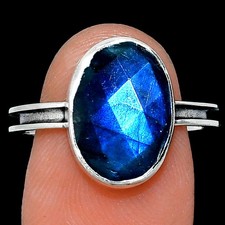 Natural Blue Labradorite Checker 925 Sterling Silver Ring s.8.5 Jewelry R-1056