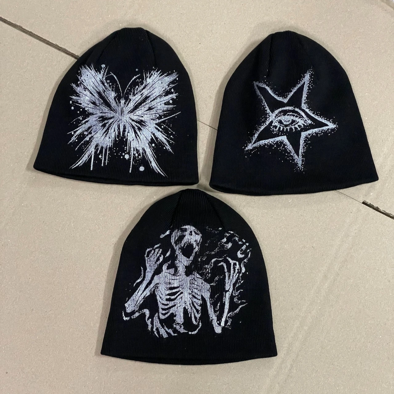 3 pcs Y2K Graphic Beanies – New Alt Streetwear Knit Hats, Black/Beige/Army Gree