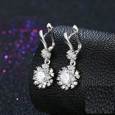 2 Ct Round Real Moissanite Cluster Drop  Dangle Earrings 14K White Gold Plated