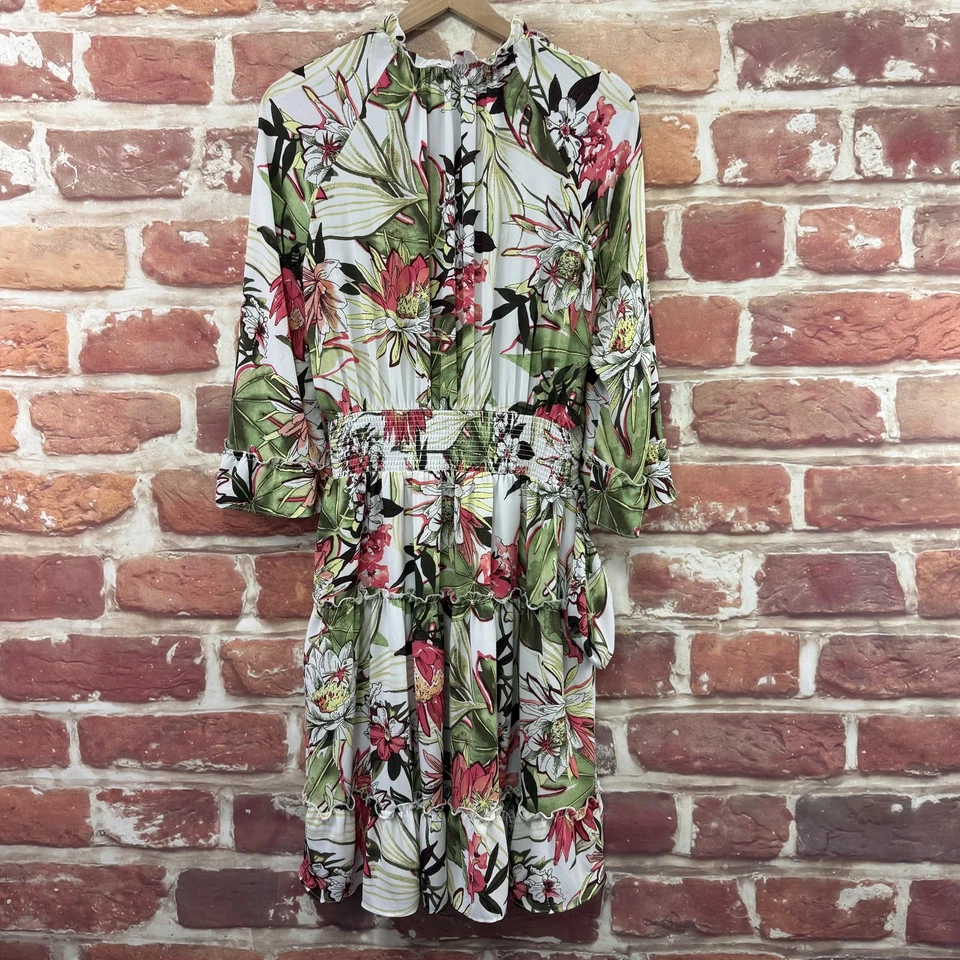 Chicos платье женщин 10 белый многоцветный тропический цветочный оборки ярусный высокий гриф - Изображение 2 из 4