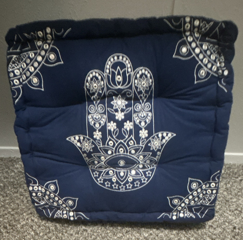 Square Accent Pillow Blue/White Fabric Hamsa Hand Print Spiritual Theme