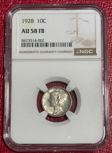 NGC AU 58 FB 1928 P 10C MERCURY SILVER DIME-AGT488