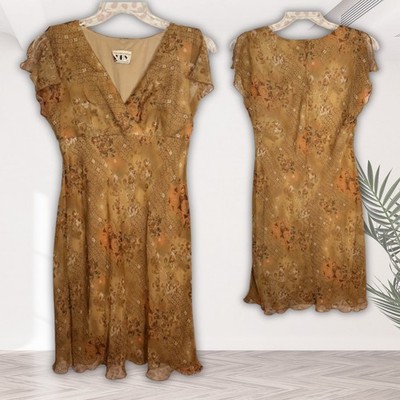 DBY Floral Brown Sheer Babydoll Flutter Sleeve Dress Y2K Fairy Grunge 6 S VTG