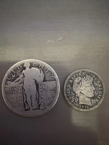 1 standing Liberty Quarter (Date Unknown) & 1 Barber Dime 1916